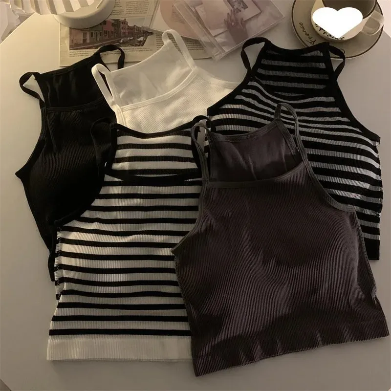 Korean Version Women Tank Tops Thread Solid Casual Fashion Crop Top with Chest Pad Stripe Sleeveless Outer Wear Basic Camisole — image 6