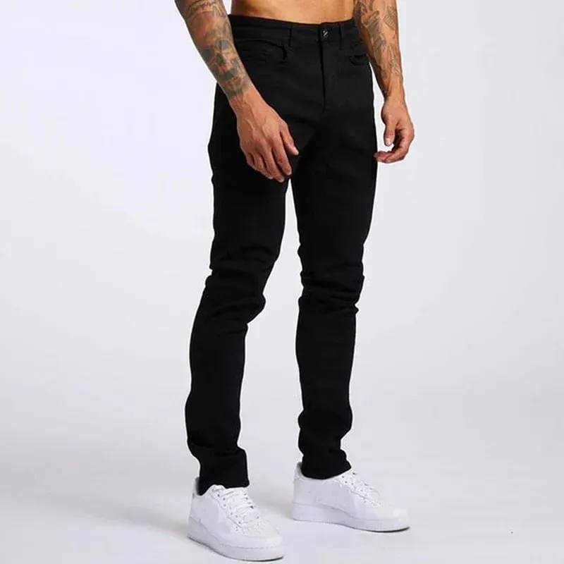 Jeans Lelaki Elastik Kurus Warna Pepejal Seluar Pensel Regangan Slim Fit Denim Jeans Joging Streetwear Koboi Seluar Kasual Blck