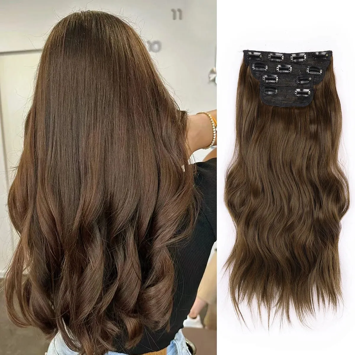 Clip in Synthetic Hair Extensions Long Wavy 4PCS Thick Hairpieces Dark Brown Fiber Double Weft Natural Hair Extensions For Women — image 20