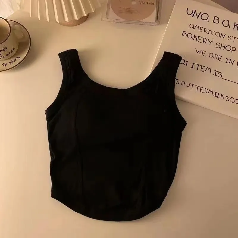 Women Solid Tank Tops With Bra Pad Sports Crop Tops Knit Irregular Hem Camis Tops For Women — image 10