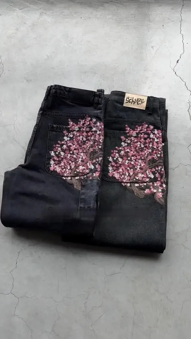 Harajuku Patchwork Cherry Blossom Embroidery Denim Pants Y2k Vintage Women Baggy Straight Wide Leg Jeans Street Men Clothes — image 2