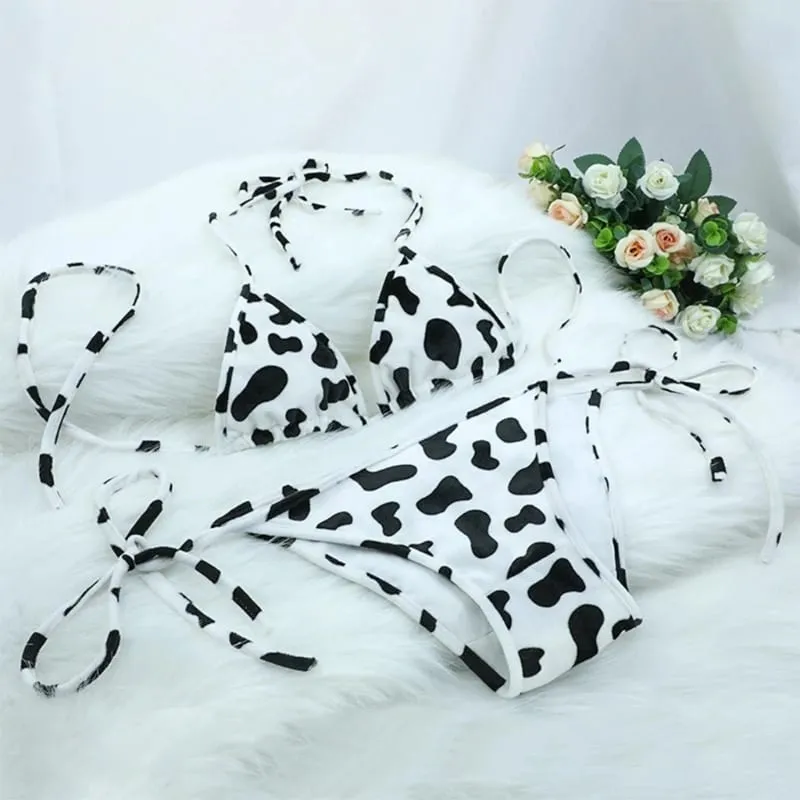 Womens Bikini Set Japanese Style Cute Milk Cow Dotted Mini Bikini Sets Underwear Halter Neck Bras Top with Briefs Panty — image 4