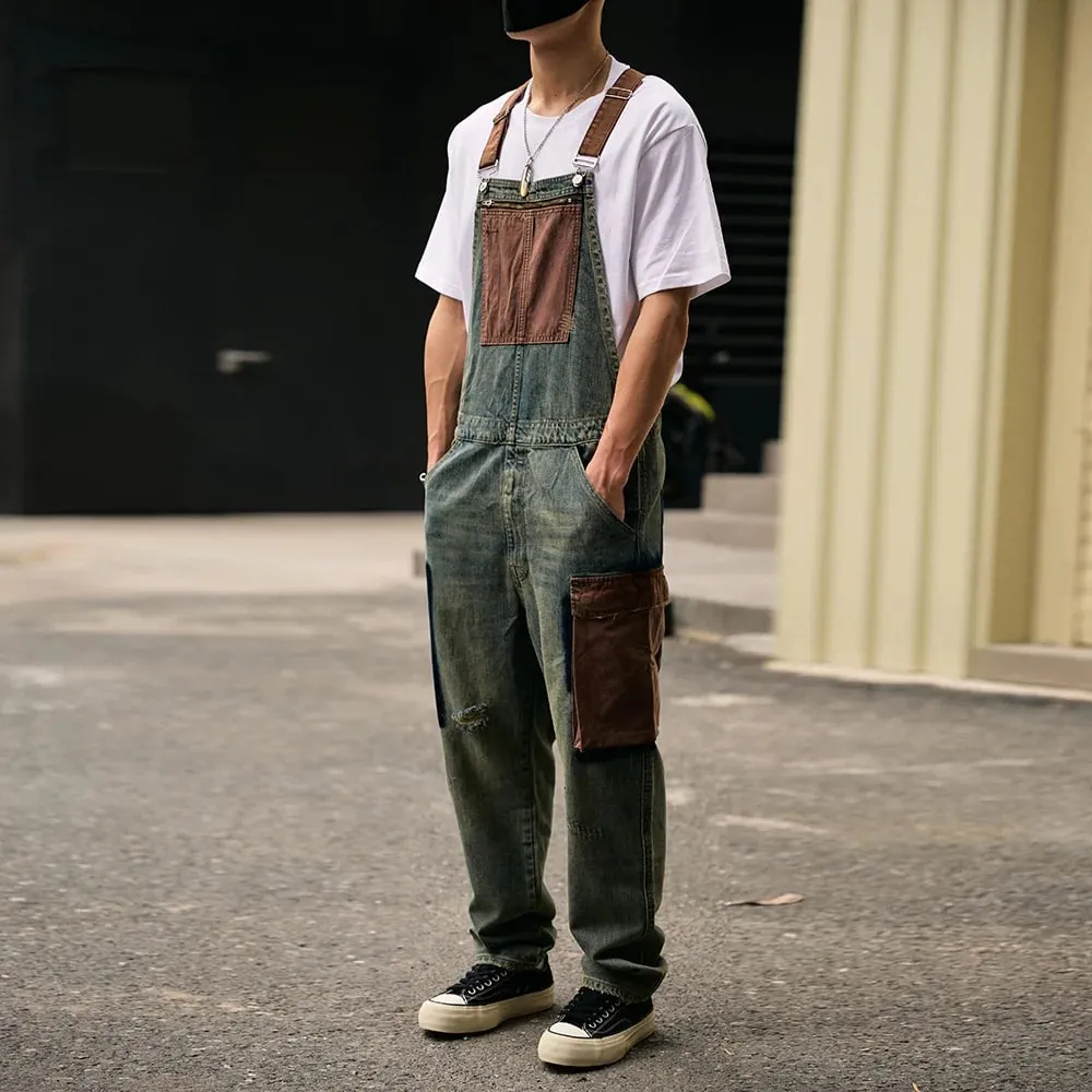 Men Big Multi Pockets Bib Overalls Vintage Blue Distressed Denim Cotton Cargo Jeans Adjustable Suspenders Coveralls Dungarees — image 1