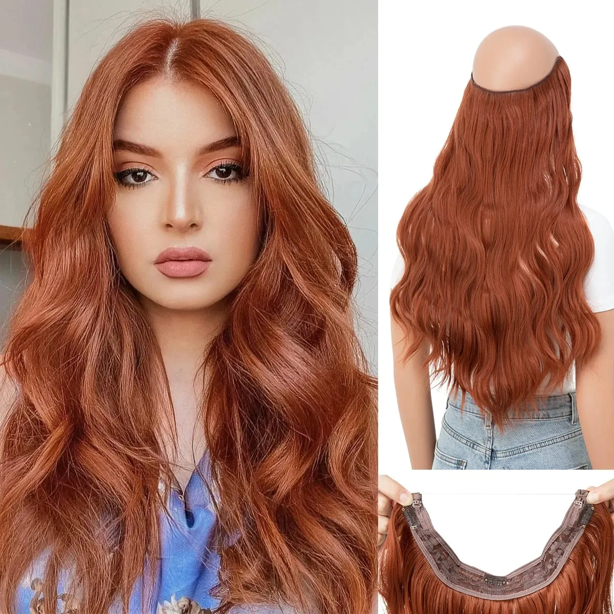 Synthetic Wave Invisible Clip in Hair Extensions Fish Line Ombre One Piece Natural Hairpiece Fake Blonde Hair Piece — image 16