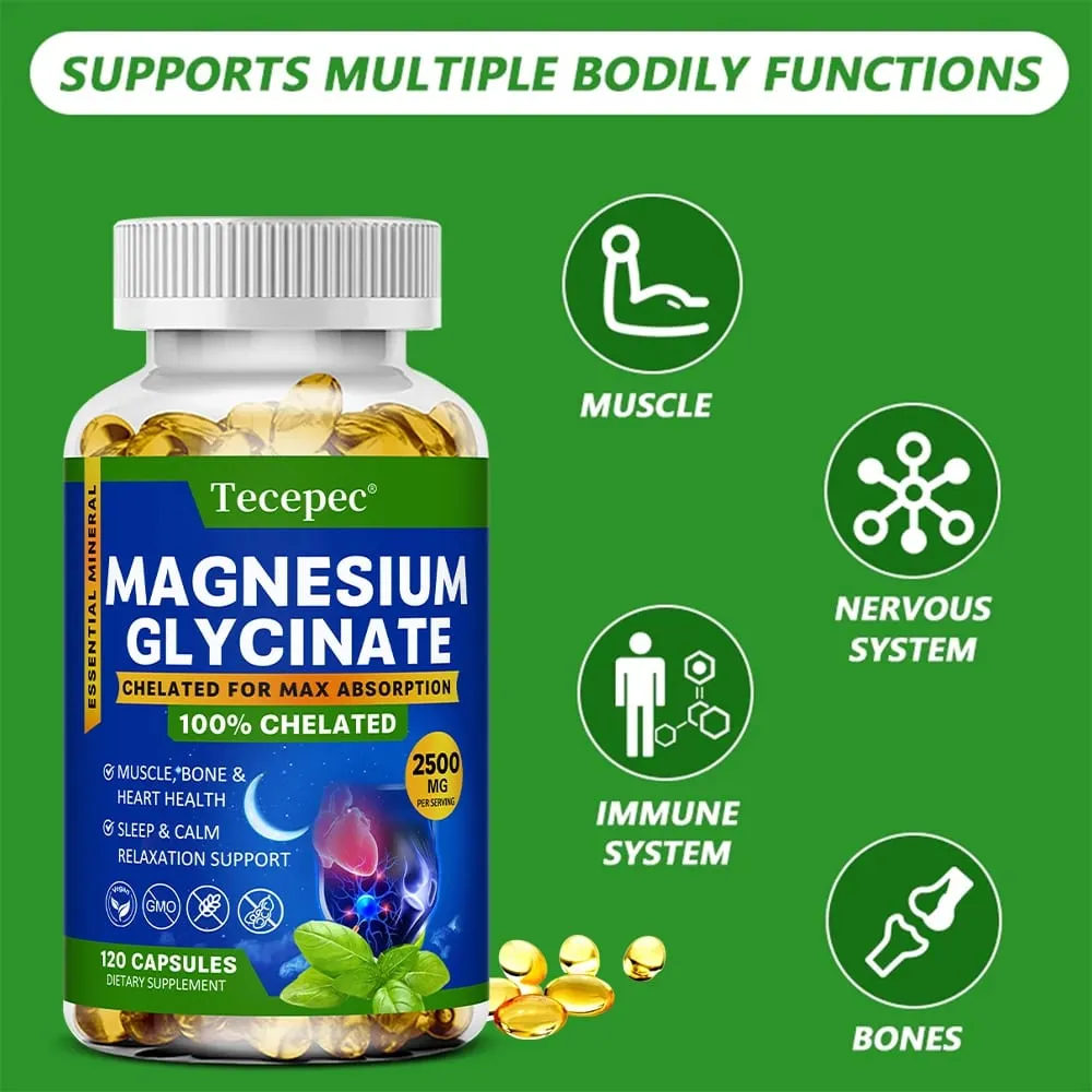 Magnesiumglycinatkapslar 2500mg - Kosttillskott för muskelnervben och hjärtstöd - Glutenfri icke-GMO — image 4