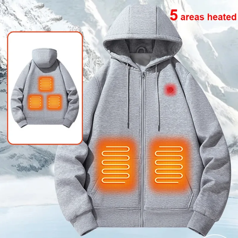 USB chauffage sweat à capuche pour homme hiver électrique vestes à capuche chauffantes veste à capuche avec fermeture éclair infrarouge 5 zones de chauffage veste noir gris
