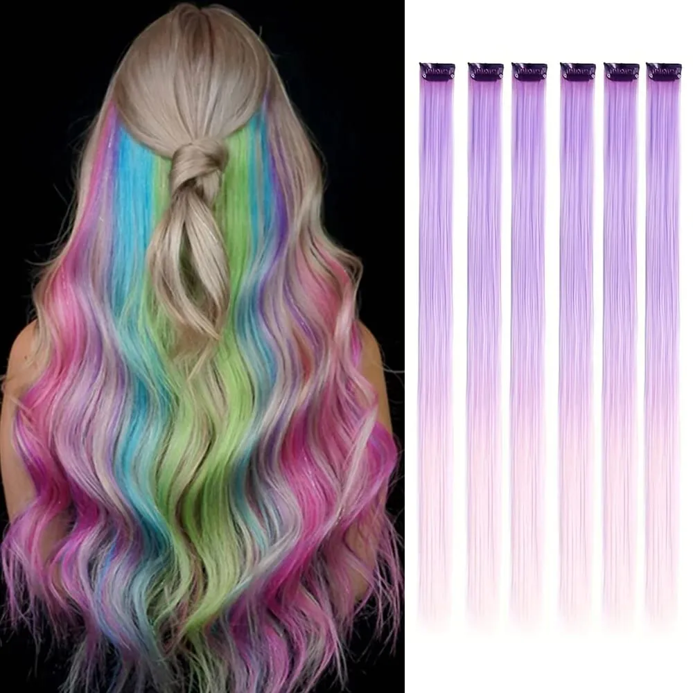 6pcs/pack Colored Party Highlights Clip in Hair Extensions 22 inches Multi-colors Straight Hair Synthetic Hairpieces