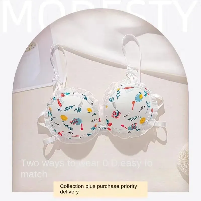 Strawberry 100% Lolita Collection Small Breasts Thin Cartoon Print Underwear Without Wire Back Pure Desire Bra Cover — image 8