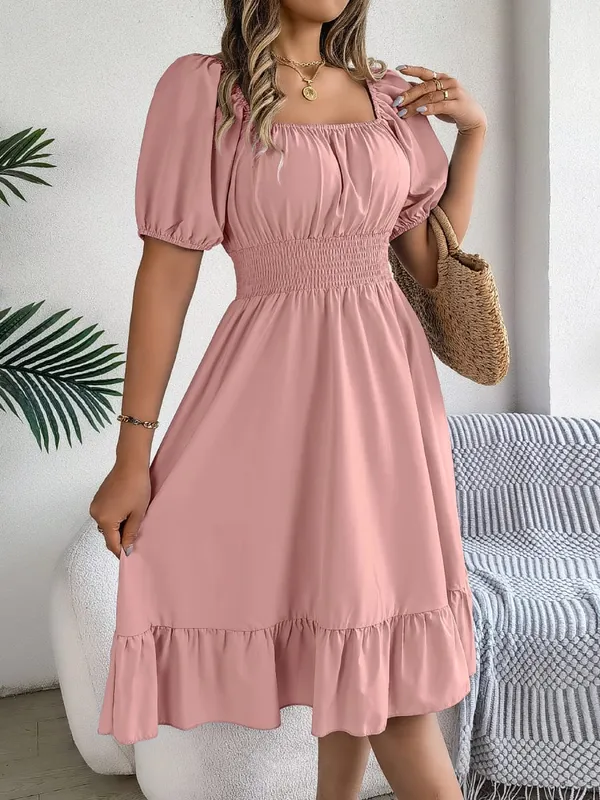 Spring Summer Elegant High Waisted Dress Square Neck Short Sleeved Ruffled Edge Long Dresses 2026 Valentine's Day Woman Clothing — image 15