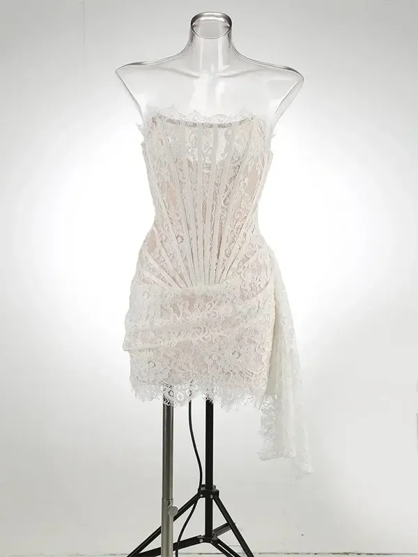 Sexy Lace See-through Patchwork Corset Dress Female Bodycon Elegant Party MIrrgualr Mini Dress Women Tube Top Dress New — image 8