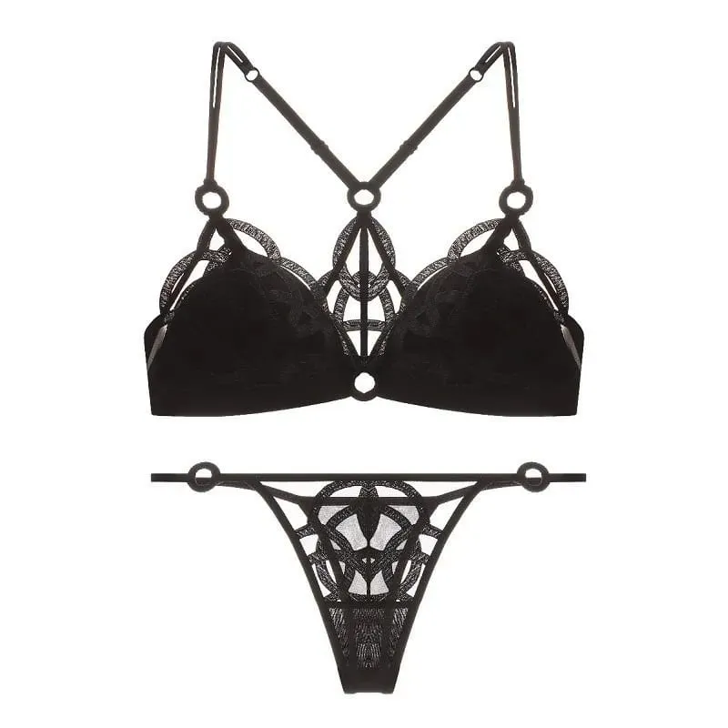French Sexy Beautiful Back Lingerie Set for Women Thin Mesh Embroidery Wire Free Underwear Bra Suit Female Solid Lace Briefs — image 1