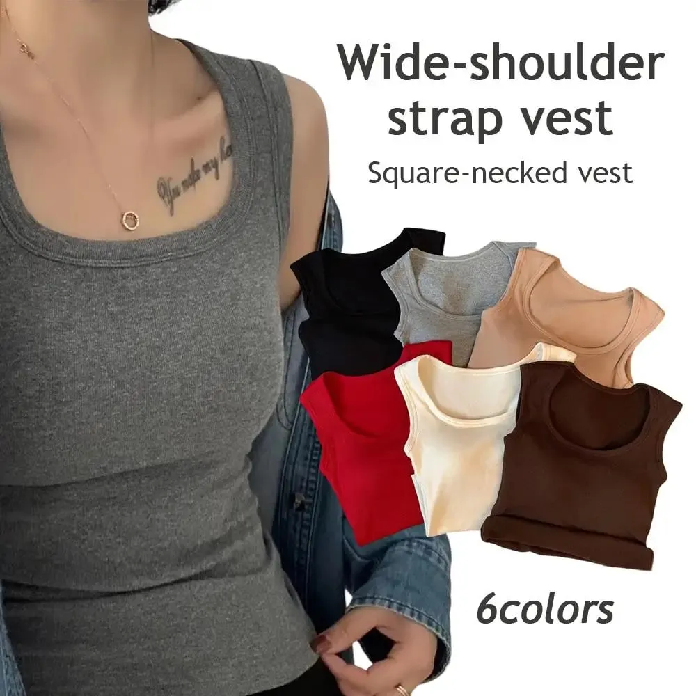 Women Solid Color O Neck Ribbed Tank Top Wide shoulder Strap Camisole 2025 Summer autumn Basic Camisole Elastic Tank Tops — image 8