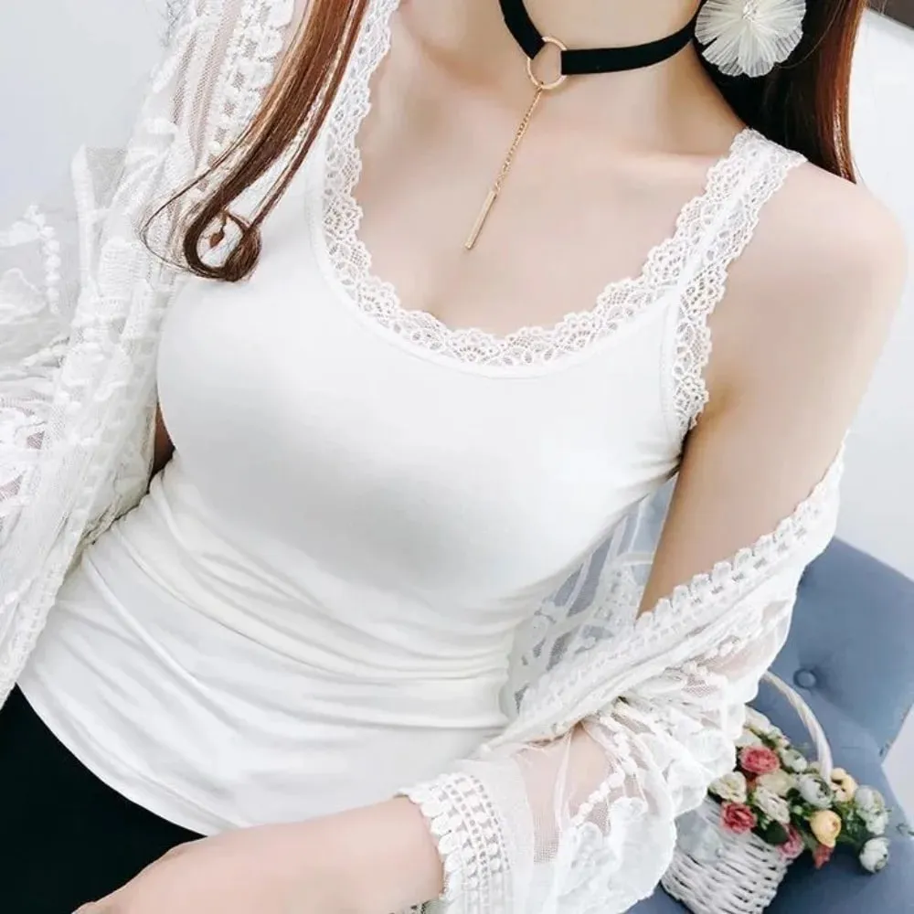 Casual U Neck Summer Tank Tops Sleeveless With Lace Fitted Tops Underwear Loose Cami Top Shirt for Women — image 6