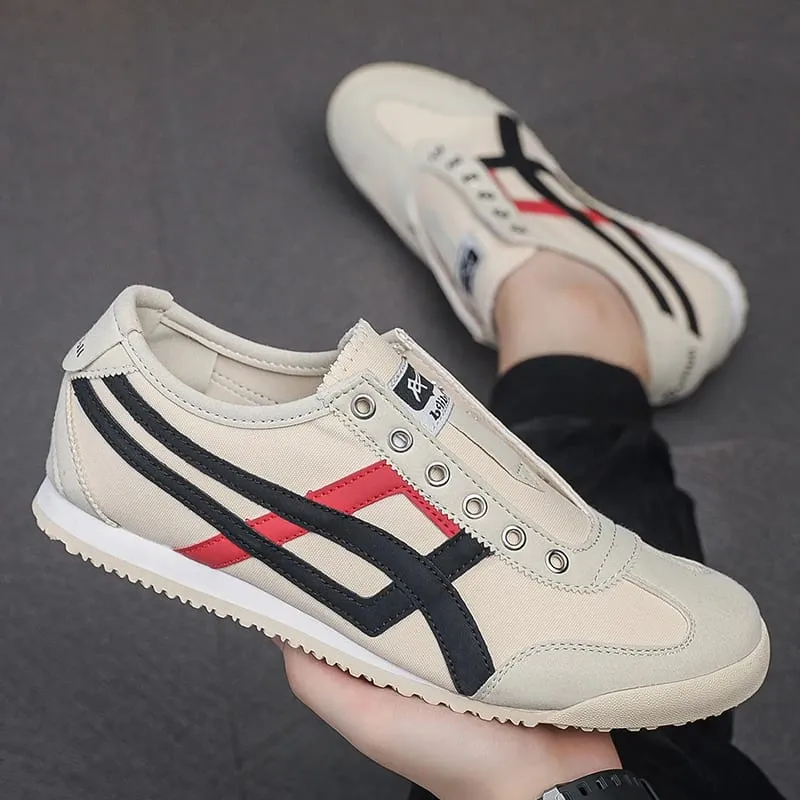 Men's Striped Canvas Sneakers Low Top Casual Walking Trainers with Extra Laces Flat Trainer Shoes Dual Wear Lace Up or Slip On — image 2