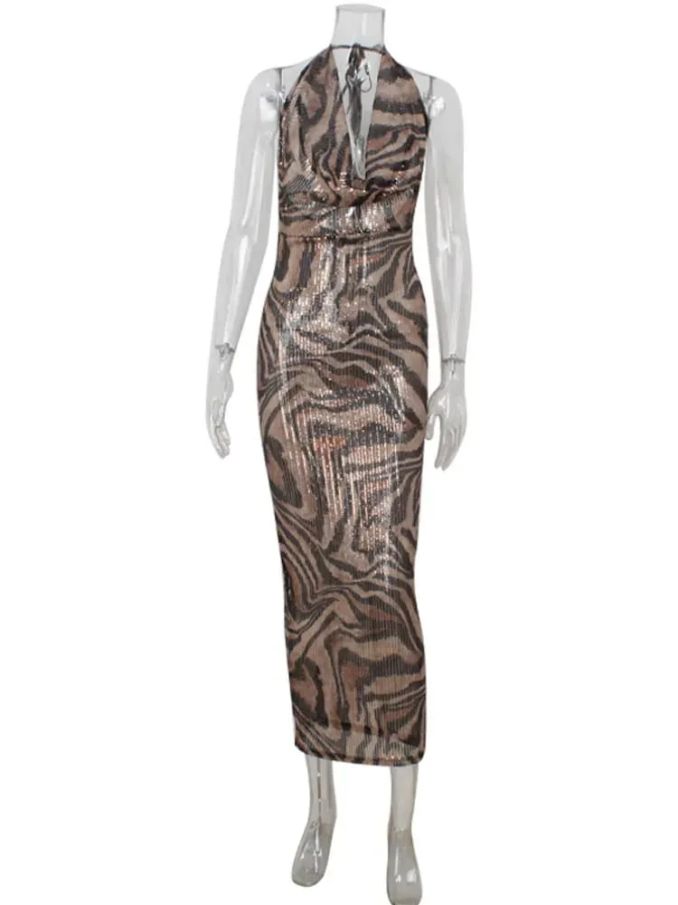 Leopard Printed Bodycon Sheath Party Women Dresses Sleeveless V Neck Backless Outfits Sexy Club Female Vestidos Robes — image 5