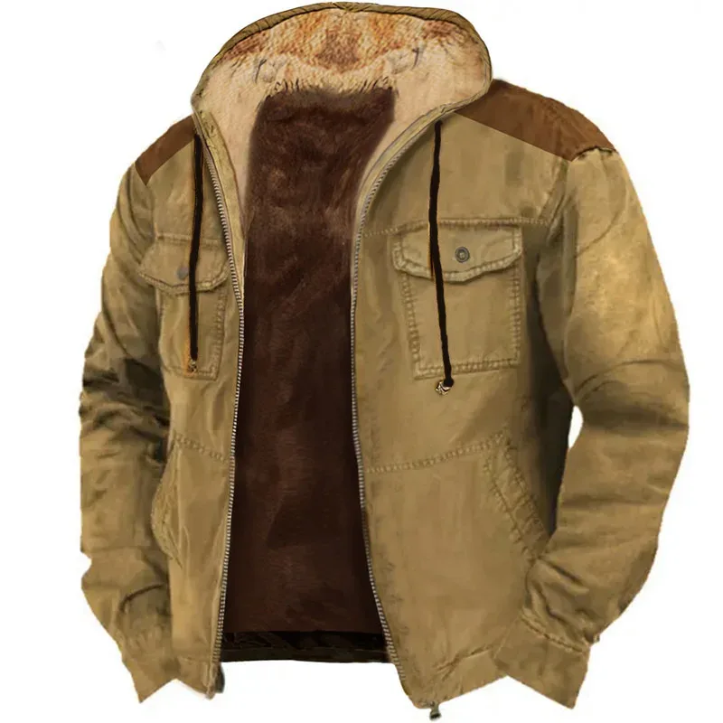 Men's Winter Fleece Hoodies Solid Patchwork Fashion Hooded Windbreaker Jacket Male Loose Work Wear Clothes Sweatshirt Outwear — image 4