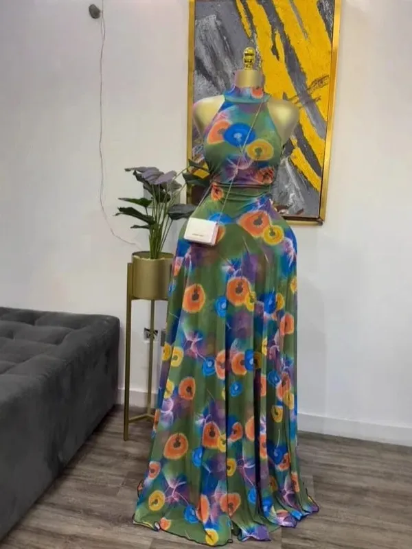 Kvinder trykt ærmeløs med bindepasform og flare A-line Maxikjole 2026 Streetwear Strandferie Lange kjoler Vestido — image 11