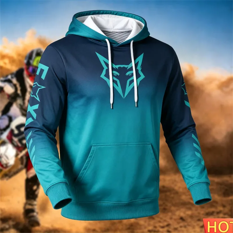 Sweat à capuche de course pour hommes, automne/hiver, cyclisme en plein air, pull à capuche, motif renard, poche, sport, moto, sweat-shirt à capuche — image 5