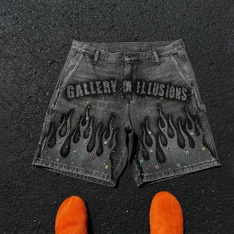 Gothic retro hot diamond denim shorts men's clothing street Harajuku Hiphop High High waiting jeans men's shorts casual pants — image 2