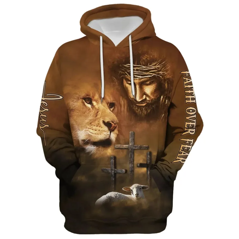 2025 primavera e outono deus jesus gráfico pullovers animal leão 3d impresso com capuz hoodies esportes casual diário unisex camisolas — image 7