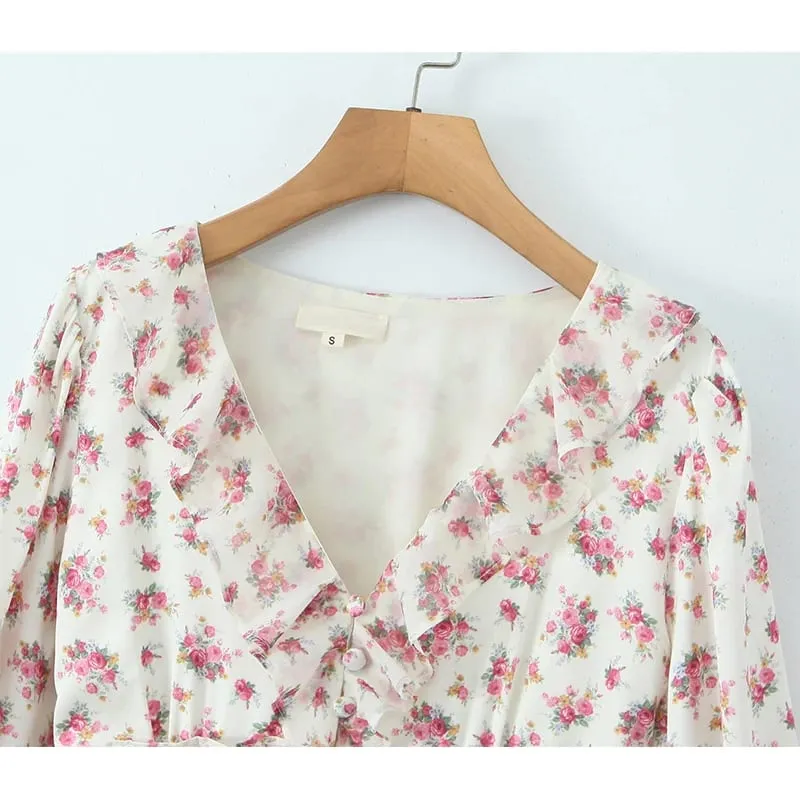 Boho Floral Print Ruffle Mini Dress Women Front Button Long Sleeve V Neck Spring Dresses 2025 Holiday Robe Short Vestidos — image 6