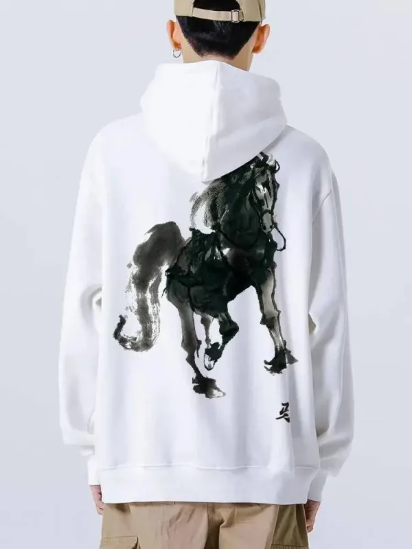 Japanese Style Men's Pullover Hoodies Sweatshirts Autumn Landscape Painting Print Heavyweight Thicken Hooded Outdoor Sportswear