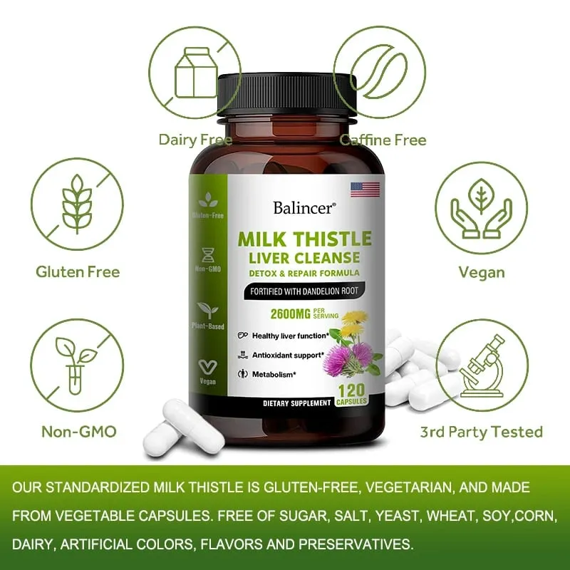 Milk Thistle Extract Capsules with Dandelion for A Detox Cleansing Liver Support and Repair Formula Help Digestion Non-GMO — image 5