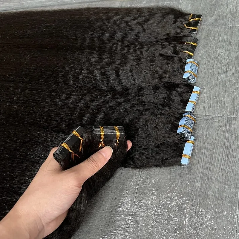 Kinky ตรงเทปที่มองไม่เห็นในส่วนขยายของผม 100% ดิบ Virgin Human Hair กาวไม่มีรอยต่อ PU ผิว Weft Full Head 40 pcs — image 5