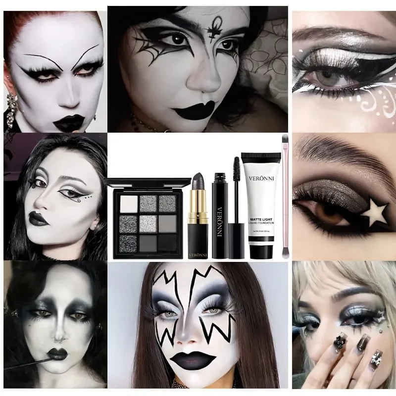 5pcs Halloween Dark Special Effects Makeup Set White Foundation Black Eyeshadow Black Lipstick Mascara & Makeup Brush for Party — image 6