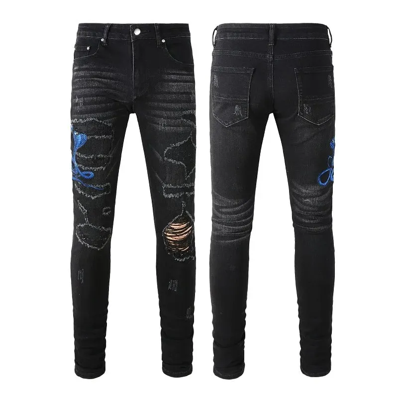 Men Snake Embroidery Jeans Streetwear Leather Patch Stretch Denim Skinny Pants Holes Ripped Distreesed Pencil Trousers — image 5