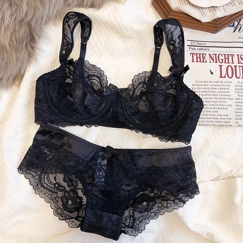 French Romantic Ultra-thin Lace Sexy Transparent Gathering Big Breasts Show Small Underwire Bra Cover Underwear Set Women