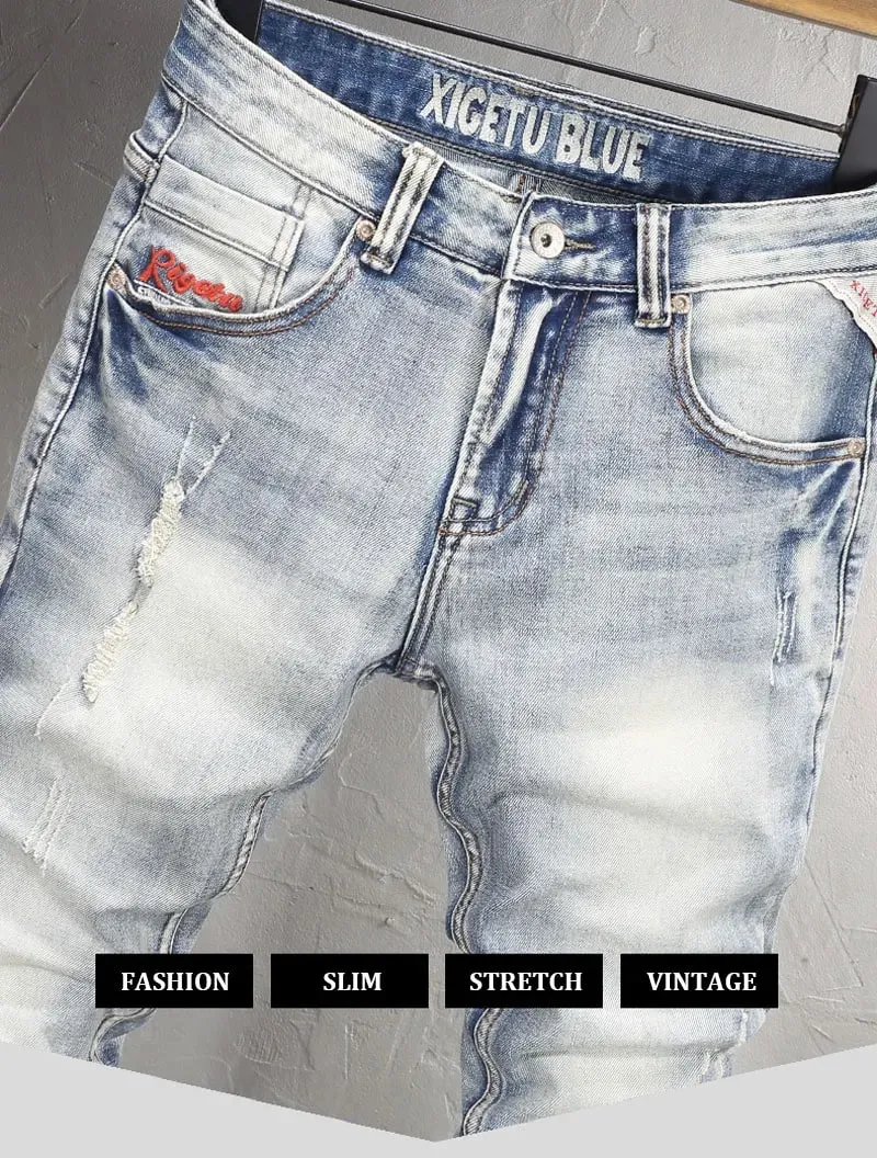 Designer Fashion Men Jeans High Quality Retro Light Blue Stretch Slim Fit Ripped Jeans Men Y2K Embroidery Vintage Denim Pants — image 8