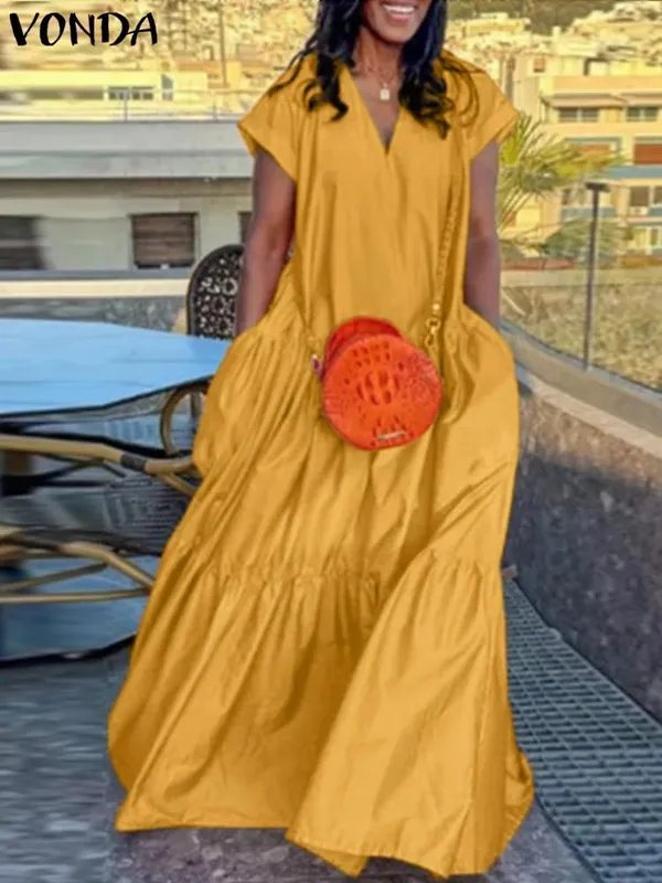 Plus Size VONDA Women Bohemian Dress 2025 Summer Sundress Solid Color Casual Short Sleeve Party Ruffled Vestidos V-Neck Robe
