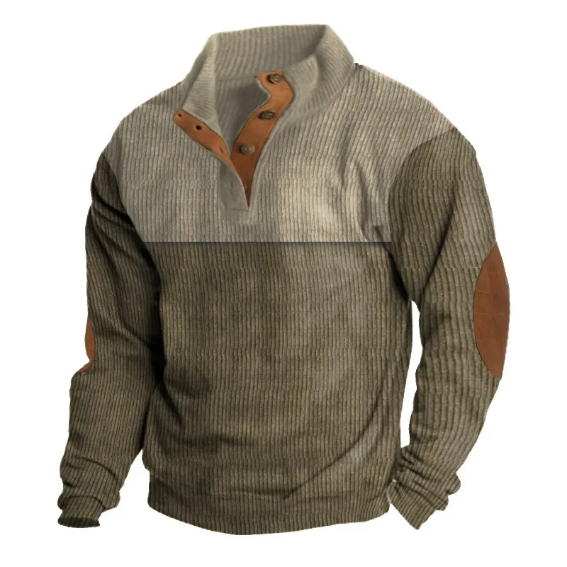 Men's Hoodies Spring And Autumn Corduroy Casual Patchwork Stand Collar Button Sports Hoodie Man Clothing — image 8