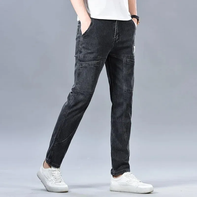 2024 Men's Summer Fashion Men's Jeans Multi-pocket Splicing Straight-leg Casual Denim Trousers Personalized Dark Blue Brand — image 5