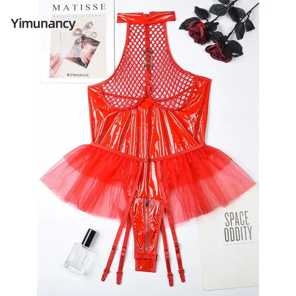 Yimunancy PU Leather Backless Bodysuit Women 2-Piece Transparent Halter Mesn Bodysuit Ball Gown Body Femme — image 1