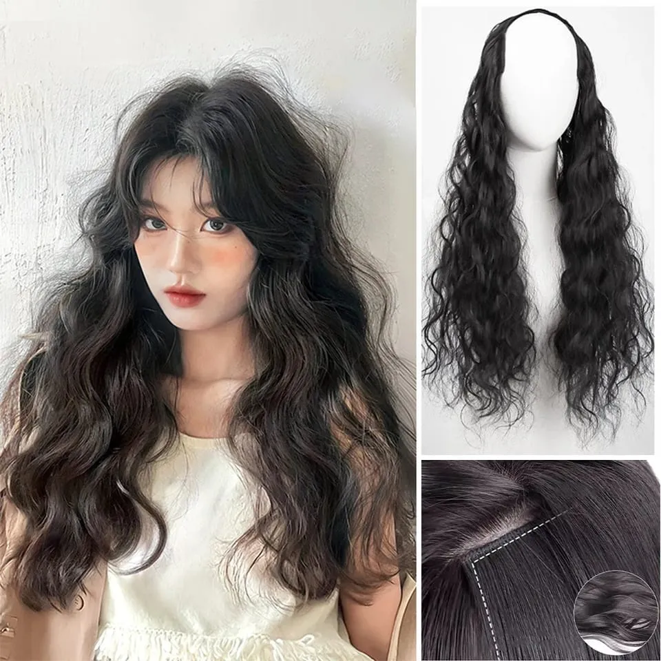U Part Hair Extensions Synthetic Curly Wave Clips in Hair Extensions One Piece 3/4 Full Head Half Wig Straight Thick Hairpiece — image 1