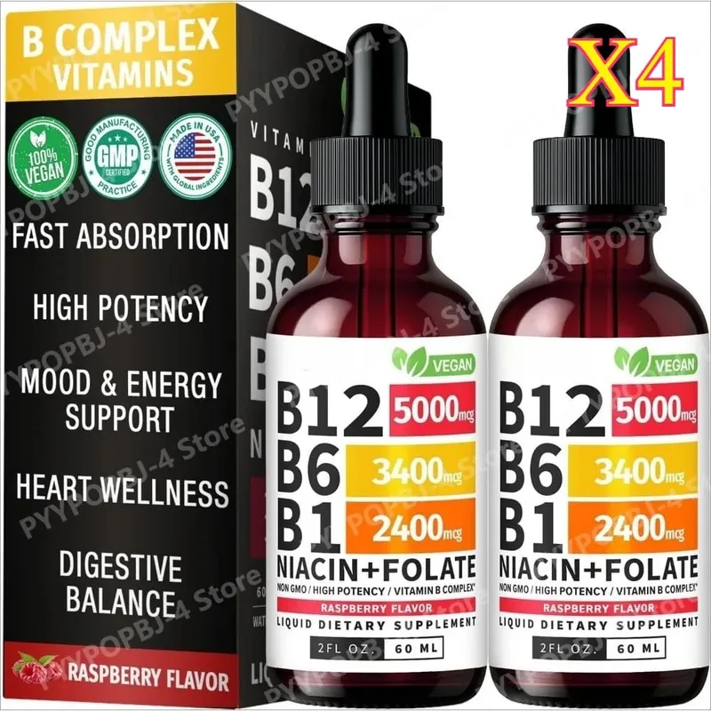 Vitamin B12 B6 tekuté kapky 60 ml B komplex s B1 Niacin Folate Malina Veganský denní wellness doplněk 40 porcí Dospělí — image 10