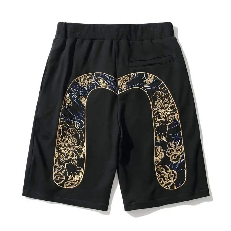 Men Embroidery Denim Shorts Black Hiphop Jeans Pants Cherry Blossom Dragon Totem Washed Zipper Cotton Summer cherry blossoms 024 — image 4