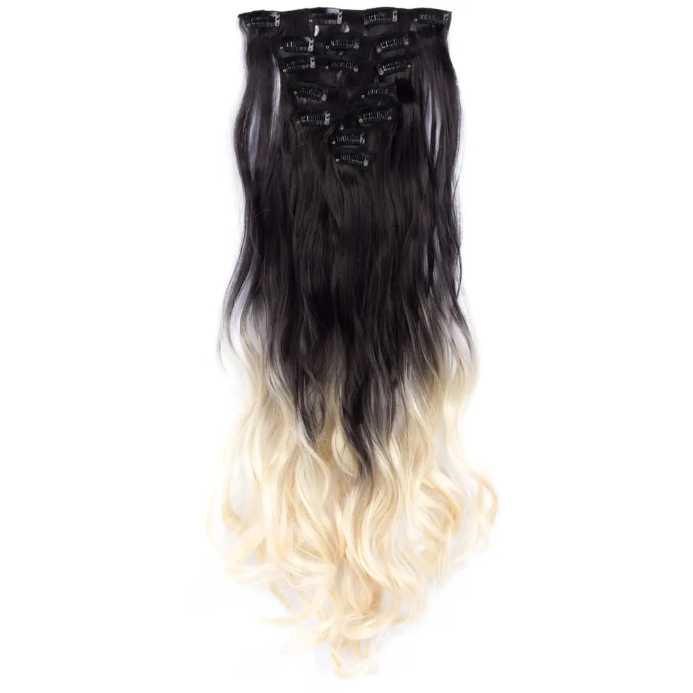 Clip in Long Wavy Synthetic Hair Extension 22 Inch Black 7PCS Thick Hairpieces Fiber Double Weft Hair for Women