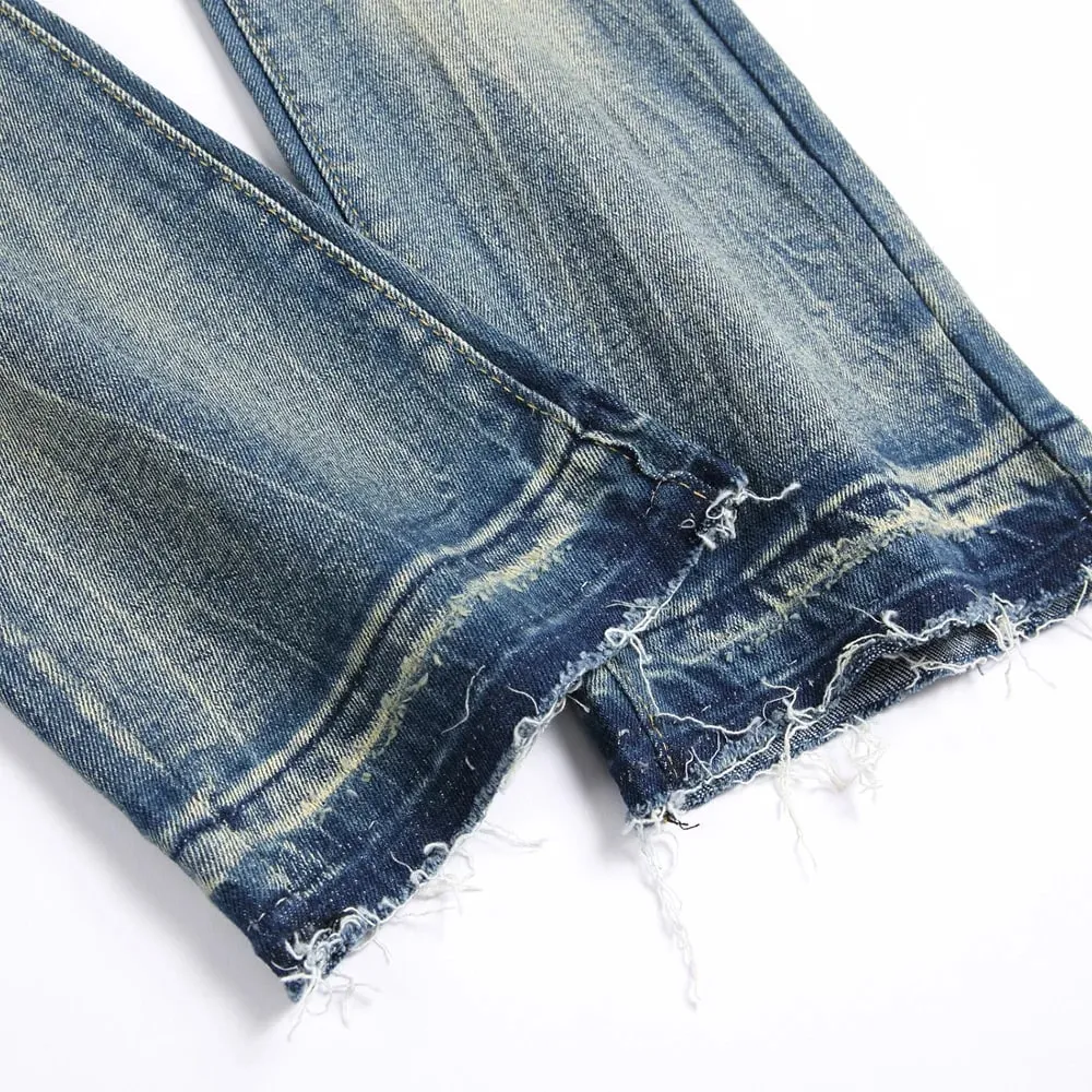 Men Letters Patch Embroidery Denim Jeans Streetwear Release Hem Distressed Pants Retro Vintage Blue Slim But Cut Flared Trousers — image 5