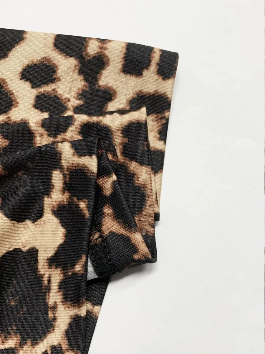 Dámské šaty midi s volným střihem, jednobarevný design s vlnitým lemem Pohodlná měkká tkanina s leopardím potiskem, letní oblečení pro volný čas — image 3