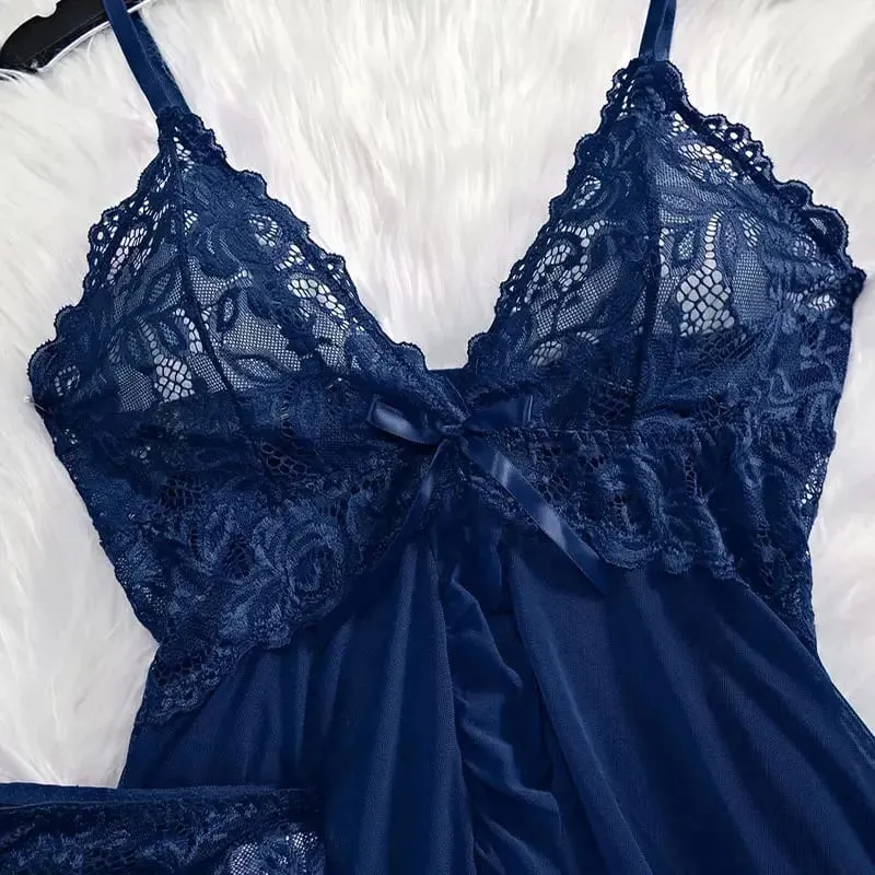 Women's Sexy Lingerie Dress Thin Style G-string Contrast Lace Ruffle Trim Lingerie Set Deep V Slip Thong Lencería Mujeres — image 3