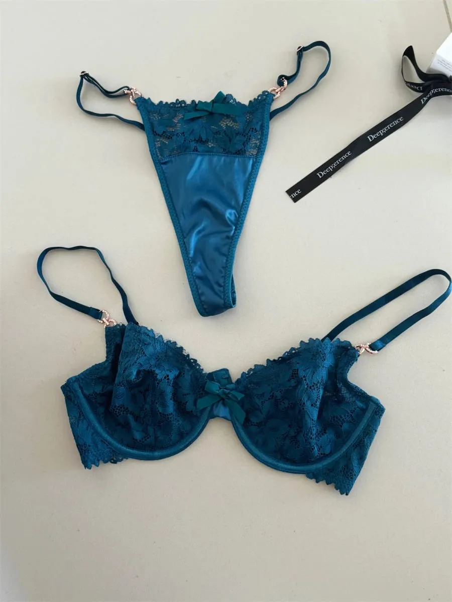 Charmoso nicho de cetim tesouro azul lingerie renda sexy anel de aço fino suporte superior conjunto de sutiã reunido roupa íntima feminina — image 6