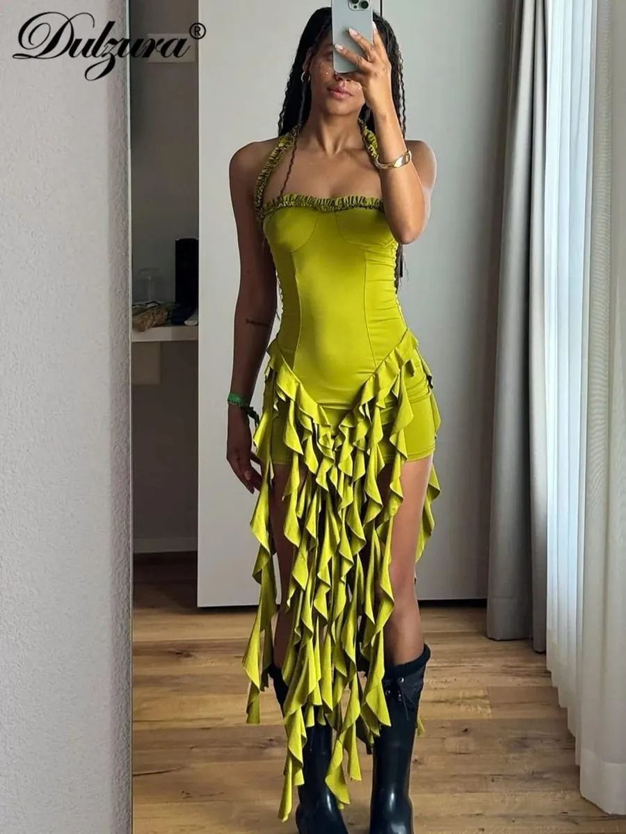 Dulzura Sleeveless Halter Ruffles Patchwork Mini Dress Women’S Solid Sexy Outfit Prom Party Clubwear Autumn Winter Clothes — image 3