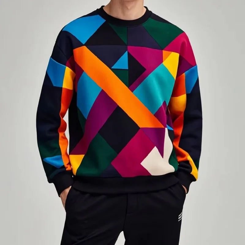 Fall Fashion Pullover Sweatshirt For Men 3d Colorful Geometry Graphic Print Round Neck Neck Hoodies Pullover Casual Male Clothes — image 2