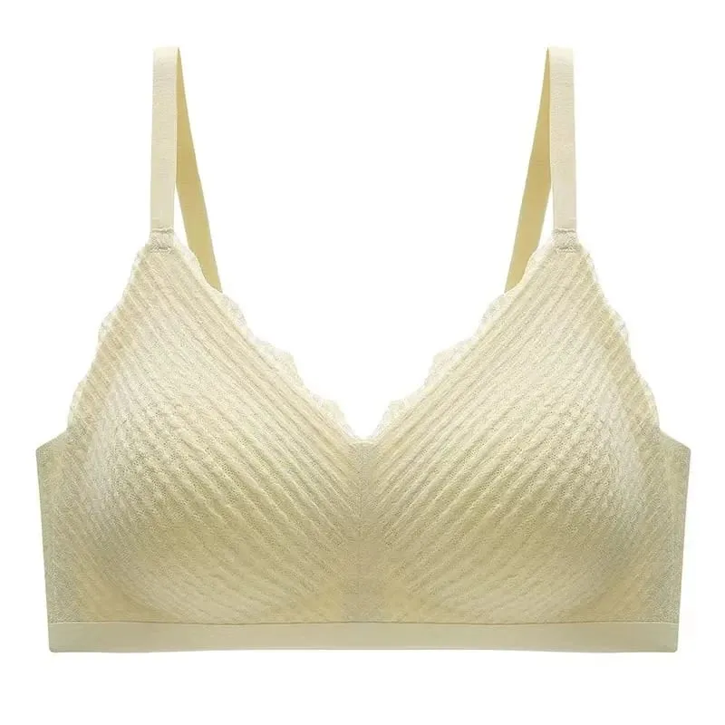 Women Lace Seamless Wireless Bra Thin‑Section Spaghetti Strap Back Non‑Slip Gathered Lingerie For Small Chest