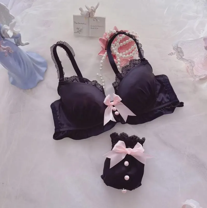 Lolita Bra Set Sweet Bow Gathering Collecting Lateral Breasts Comfortable Non-steel Ring Anti-Sagging Color Blocking Bra Set