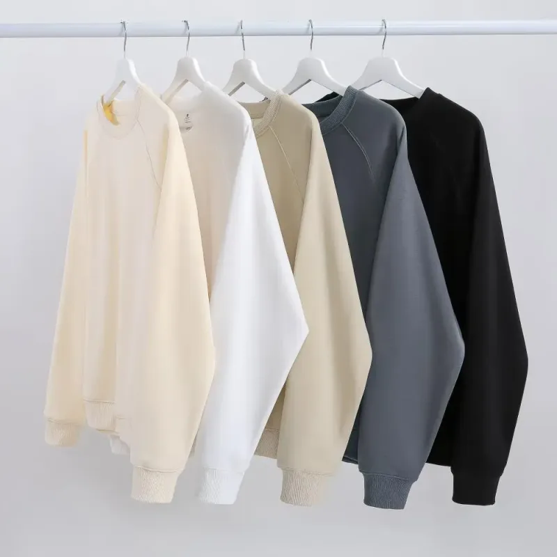 600g Men's 100% Cotton Oversized Sweatshirt for Winter Solid Beige Batwing Sleeve Heavyweight Fleece Crew Neck Thermal Hoodies