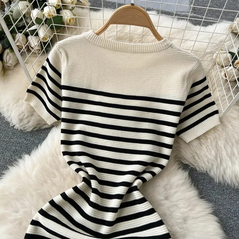 Summer Striped Beach Knitted Dress O Neck Short Sleeves Chic Hotsweet Slim Sundress Streetwear Y2K Bodycon Midi Dress — image 1